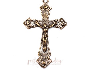 Solid Bronze ROSE POINTS Crucifix Rosary Parts Catholic Pendant Jewelry Religious Charm Antique Vintage Reproduction