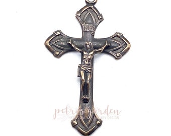 Solid Bronze SIMPLE ELEGANT Crucifix Rosary Parts Catholic Pendant Jewelry Religious Charm Antique Vintage Reproduction