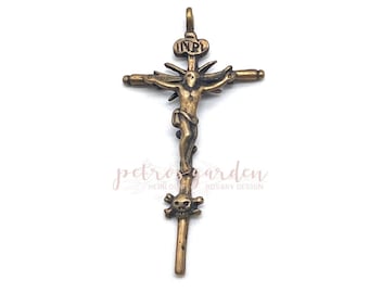 Solid Bronze SKULL AND CROSSBONES Crucifix Rosary Crucifix Rosary Parts Catholic Pendant Jewelry Religious Charms Antique Reproduction