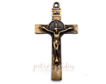 Solid Bronze SAINT BENEDICT LARGE Crucifix Rosary Parts Catholic Pendant Jewelry Religious Charm Antique Vintage Reproduction