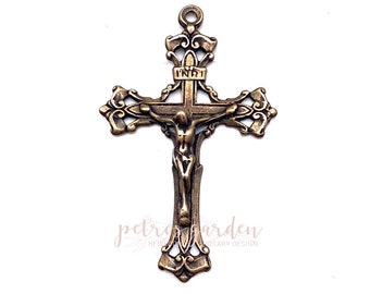 Solid Bronze OLD ROMA ORNATE Crucifix Rosary Parts Catholic Pendant Jewelry Religious Charms Antique Vintage Reproduction