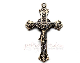Solid Bronze HEART OF JESUS Crucifix Rosary Crucifix Rosary Parts, Catholic Pendant Jewelry Religious Charms Antique Reproduction Crucifix