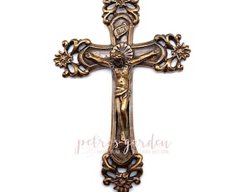 Solid Bronze FLOWER SCROLL BURSTS Rosary Crucifix Catholic Pendant Jewelry Religious Charms Antique Vintage Reproduction