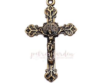 Solid Bronze FRENCH BUDDED HEARTS Crucifix Rosary Crucifix Rosary Parts Catholic Pendant Jewelry Religious Charms Antique Reproduction