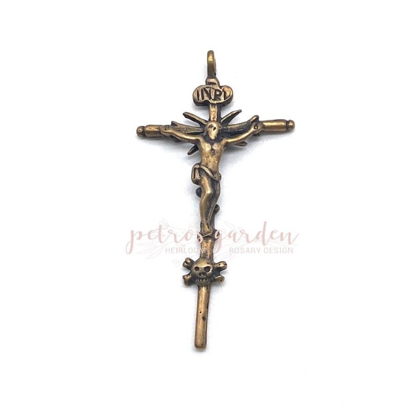 Solid Bronze SKULL AND CROSSBONES Crucifix Rosary Crucifix Rosary Parts Catholic Pendant Jewelry Religious Charms Antique Reproduction