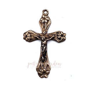 Solid Bronze GARDEN LILIES Crucifix Rosary Parts Catholic Pendant Religious Charms Antique Vintage Reproduction Reproduction