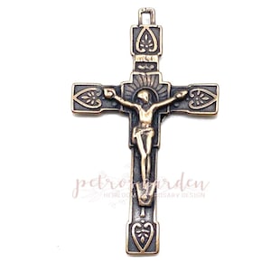 Solid Bronze PALM LEAF Straight Edge Crucifix Rosary Crucifix Rosary Parts Catholic Pendant Jewelry Religious Charms Antique Reproduction