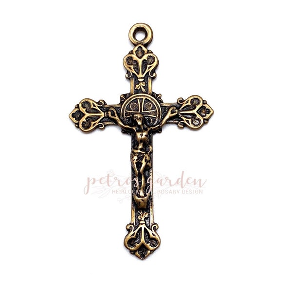 Solid Bronze FRENCH BUDDED HEARTS Crucifix Rosary Crucifix Rosary Parts Catholic Pendant Jewelry Religious Charms Antique Reproduction