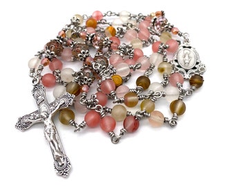 Silver Watermelon Quartz Matte Gemstone Wire Wrapped Catholic Heirloom Rosary Medium