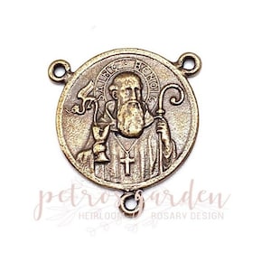 Solid Bronze SAINT BENEDICT LARGE Rosary Centerpiece Rosary Center Rosary Parts Catholic Connector Religious Antique Vintage Reproduction