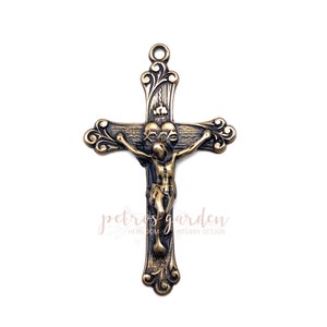 Solid Bronze SACRED HEART SCROLLS Crucifix Rosary Crucifix Rosary Parts Catholic Pendant Jewelry Religious Charms Antique Reproduction