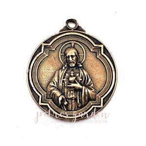 Solid Bronze Sacred Heart Medal: Antique Catholic Jewelry