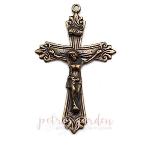 Solid Bronze INSCRIBED CARVED LINES Crucifix Rosary Parts Catholic Pendant Jewelry Religious Charm Antique Vintage Reproduction
