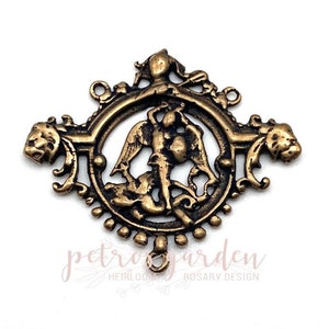 Solid Bronze SAINT MICHAEL With LIONS Centerpiece Rosary Center Rosary Parts Catholic Connector Religious Antique Vintage Reproduction