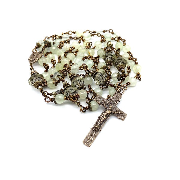 Prehnite Gemstone Wire Wrapped Catholic Heirloom Rosary Medium