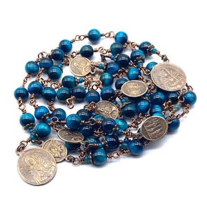 Seven Sorrows Rosary, Azure Blue Tiger Eye Gemstone Heirloom Catholic Servite Delores Rosary Wire Wrapped Solid Bronze LARGE