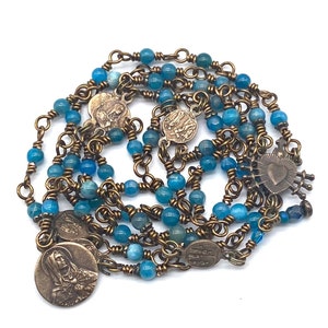 Seven Sorrows Rosary, Pacific Blue Apatite Gemstone Heirloom Catholic Servite Delores Rosary Wire Wrapped Solid Bronze PETITE