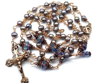 Rosary Beads, Peacock Freshwater Pearl Heirloom Catholic Rosary Wire Wrapped Solid Polished Bronze MEDIUM