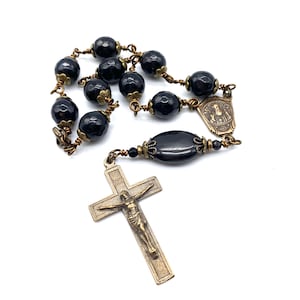 Travel Pocket Rosary Black Onyx BIG BEAD Heirloom Catholic 1 Decade Rosary Wire Wrapped Solid Bronze