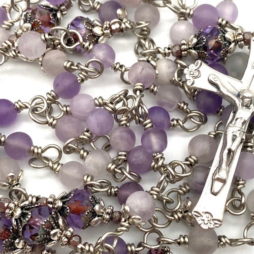 Silver Lavender Amethyst Matte Gemstone Wire Wrapped Catholic Heirloom Rosary order Medium