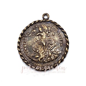 Solid Bronze SAINT MICHAEL With Rope Border Catholic Medal Pendant Jewelry Rosary Parts Religious Charms Antique Vintage Reproduction