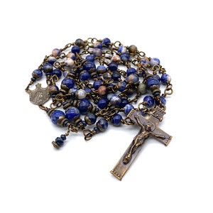 Blue Orange Sodalite Gemstone Wire Wrapped Catholic Heirloom Rosary Medium