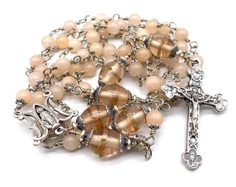 Rosary Beads, Heirloom Catholic Rosary Wire Wrapped Silver Peachy Chalcedony Gemstones Large