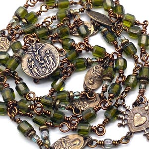 Seven Sorrows Rosary: Olivine Green Czech Glass | Wire Wrapped | Solid Bronze Medals | Catholic Heirloom Chaplet | Our Lady of Sorrows