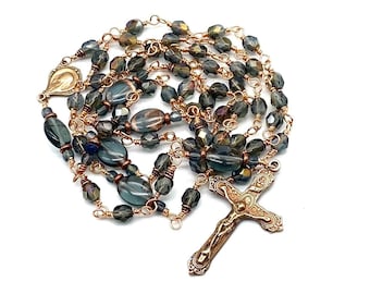 Rosary Beads, Twilight Montana Blue Czech Glass Heirloom Catholic Rosary Wire Wrapped Solid Polished Bronze MEDIUM