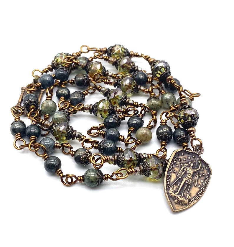 Green Nipomo Agate Gemstone Wire Wrapped Catholic shops Heirloom Chaplet of Saint Michael Medium
