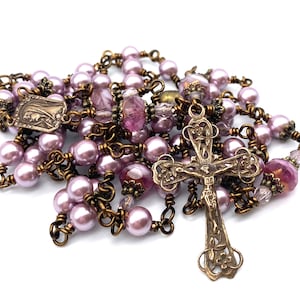 Lilac Shell Pearl Wire Wrapped Catholic Heirloom Rosary Medium