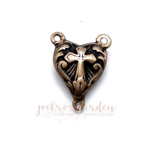 Solid Bronze PUFFY HEART CROSS Centerpiece Rosary Center Rosary Parts Catholic Connector Jewelry Religious Antique Vintage Reproduction