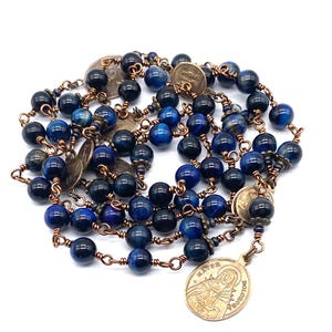 Seven Sorrows Rosary, Navy Blue Tiger Eye Gemstone Heirloom Catholic Servite Delores Rosary Wire Wrapped Solid Bronze LARGE