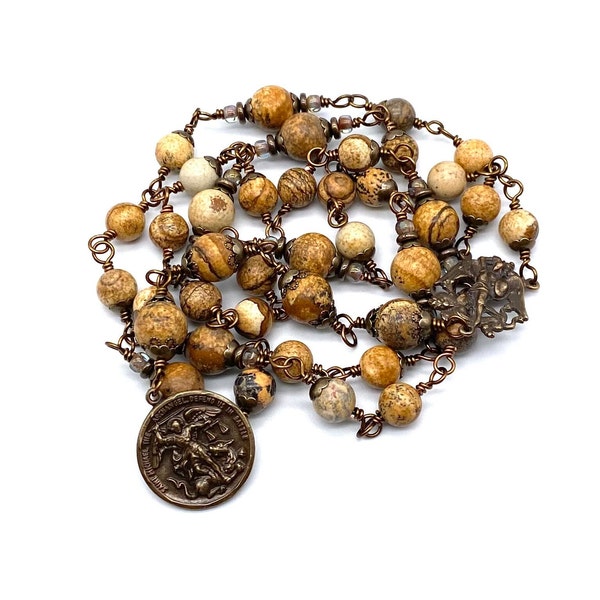 Picture Jasper Gemstone Wire Wrapped Catholic Heirloom Chaplet of Saint Michael LARGE