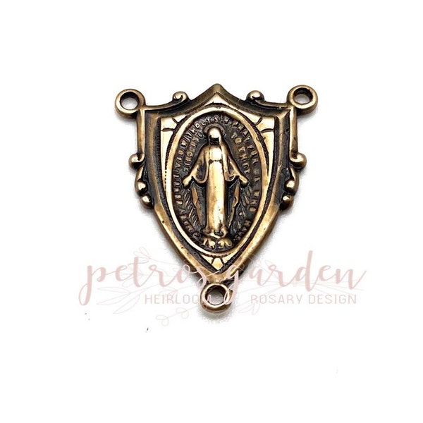 Solid Bronze MIRACULOUS MEDAL SHIELD Centerpiece Rosary Center Rosary Part Catholic Connector Jewelry Religious Antique Vintage Reproduction