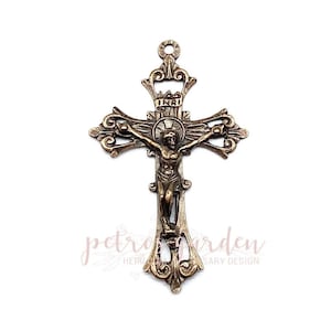 Solid Bronze SCROLLED OPENWORK Crucifix Rosary Parts Catholic Pendant Jewelry Religious Charms Antique Vintage Reproduction