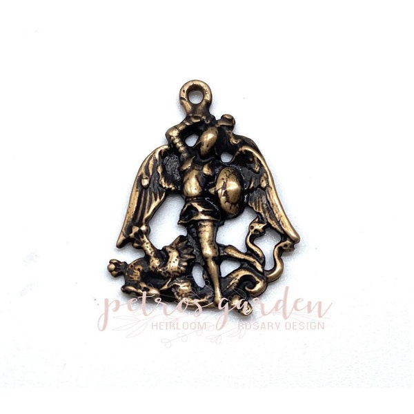 Solid Bronze SAINT MICHAEL Open-work Catholic Medal Catholic Pendant Jewelry Rosary Parts Religious Charms Antique Vintage Reproduction