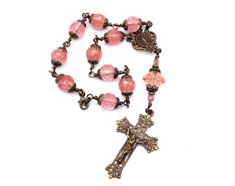 Cherry Quartz Gemstone Wire Wrapped BIG BEAD Catholic Heirloom Travel Rosary