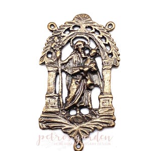 Solid Bronze ST JOSEPH With JESUS Centerpiece Rosary Parts Catholic Jewelry Religious Charms Antique Vintage Reproduction