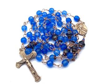 Rosary Beads, Cobalt Blue Jade Gemstone Heirloom Catholic Rosary Wire Wrapped Solid Polished Bronze LARGE