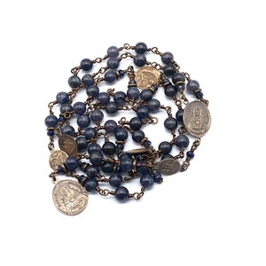 Seven Sorrows Rosary, Iolite Gemstone Heirloom Catholic Servite Delores Rosary Wire Wrapped Solid Bronze LARGE