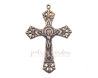 Solid Bronze DOUBLE NIMBUS Crucifix Rosary Crucifix Rosary Parts Catholic Pendant Jewelry Religious Charms Antique Reproduction