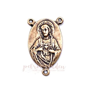 Solid Bronze SACRED HEART Centerpiece Rosary Center Rosary Parts Catholic Connector Jewelry Religious Charms Antique Vintage Reproduction
