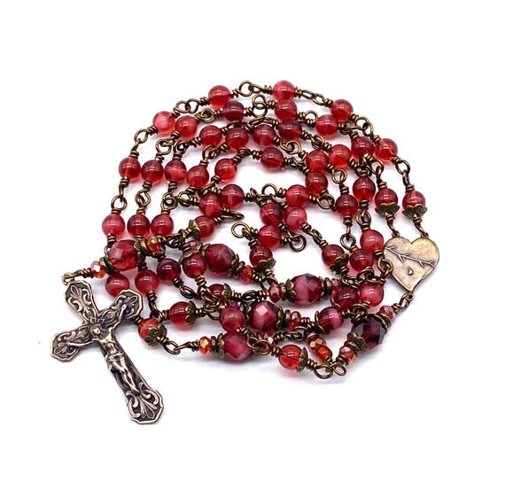 Fuchsia Czech Glass Rosary Beads Wire Wrapped Solid Bronze