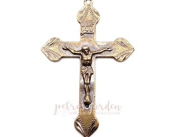 Solid Bronze Etched Crucifix: Rosary Parts Antique Reproduction