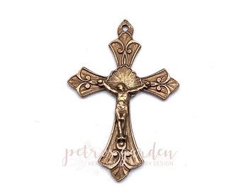Solid Bronze RADIANT HALO Rosary Crucifix Catholic Pendant Jewelry Religious Charm Antique Vintage Reproduction