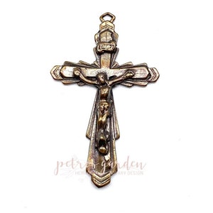 Solid Bronze ART DECO RAISED Lines Crucifix Rosary Parts Catholic Pendant Jewelry Religious Charm Antique Vintage Reproduction