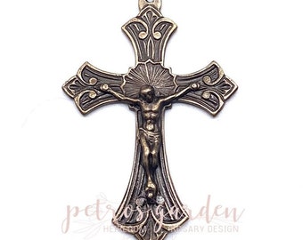 Solid Bronze SCROLLS PATTERN Crucifix Rosary Parts Catholic Pendant Jewelry Religious Charms Antique Vintage Reproduction