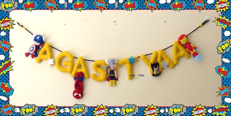 Thor Batman Superhero Felt name banner Spiderman Captain America room decor for boys and girls Marvel DC Comics Ironman