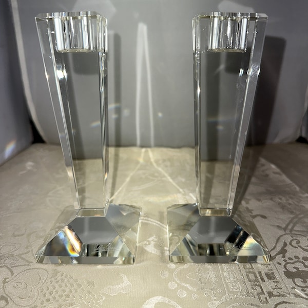 Oleg Cassini Signed Pair Of Crystal Candle Holders